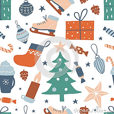 Seamless pattern with cute hand drawn objects: Christmas tree, sock, gift box, Vector Illustration